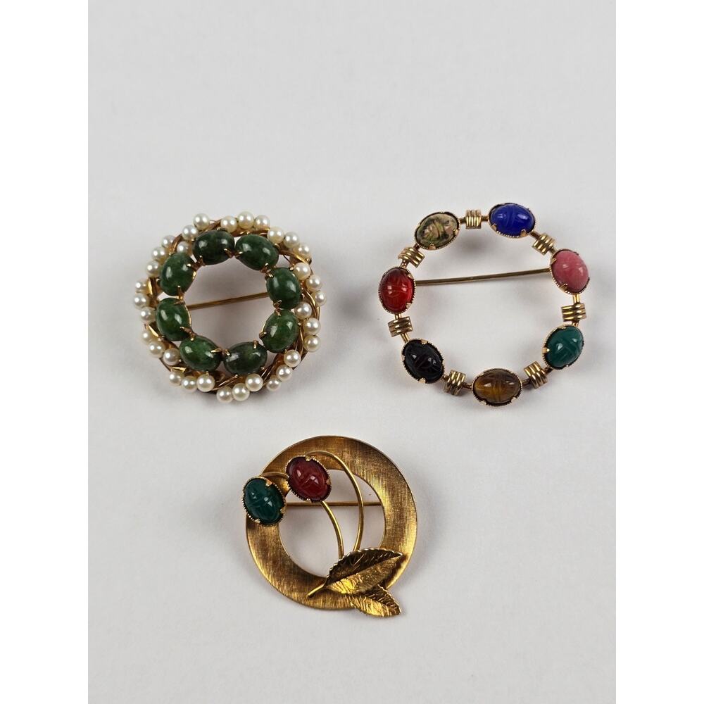 Vintage 12K & 14k Gold Filled Brooch Lot Scarab Beetles, Cattail, Jade & Pearl